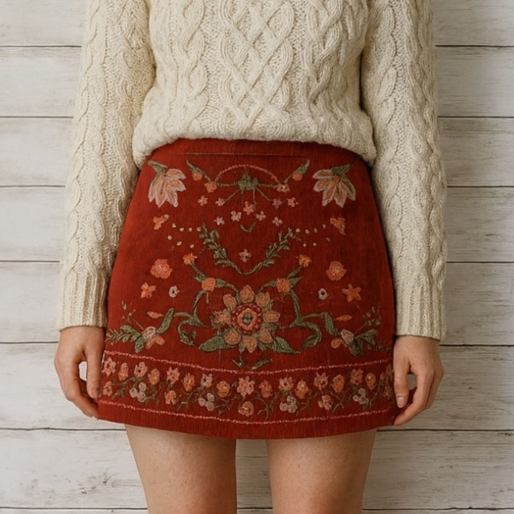 Blu Pepper Embroidered Corduroy Floral Boho Wine Skirt Size S NWT